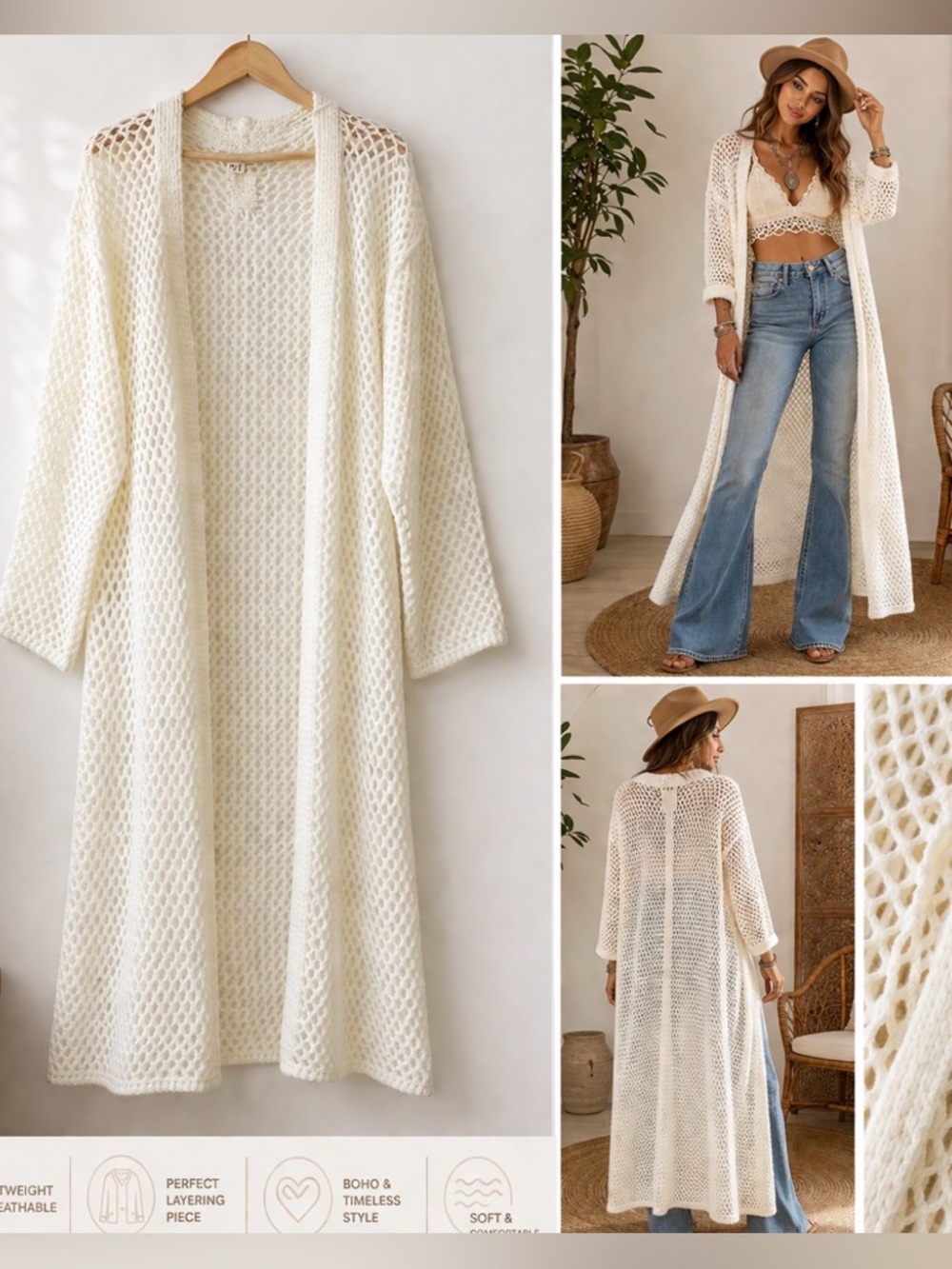 POL BOHO OPEN KNIT OFF WHITE LONG CROCHET CARDIGAN SIZE SMALL NWOT - Picture 7 of 12